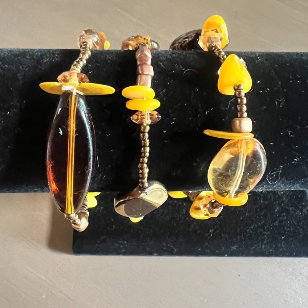 Lot Of 3 Amber & Yellow Beaded Bracelets Brown Gold Stretch Boho Earthy Tones